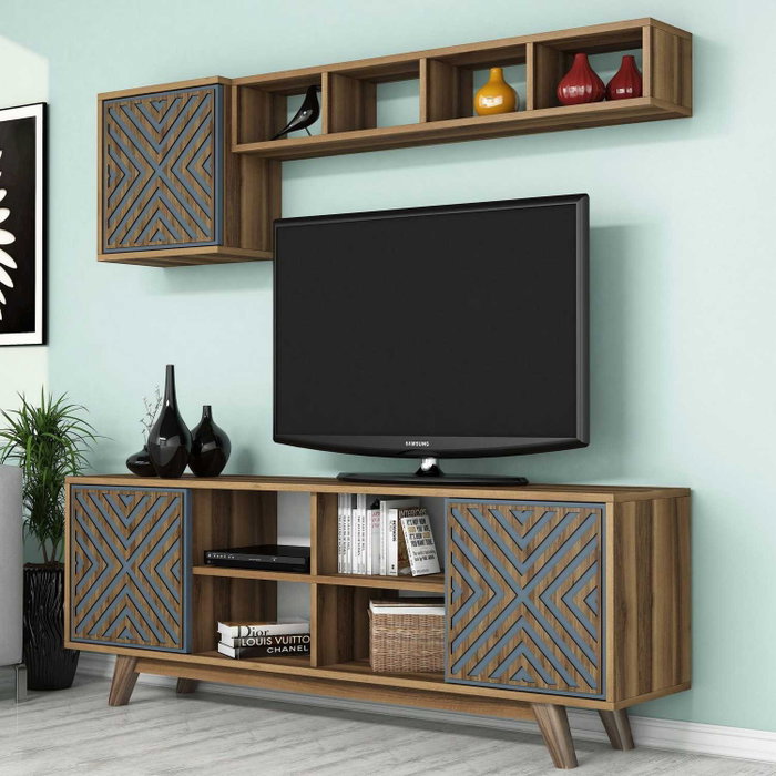 Hanah Home Mueble de TV Nogal y Azul con Estantería